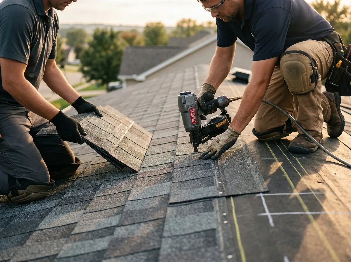 Professional roofer working on a residential roof in Roxbury